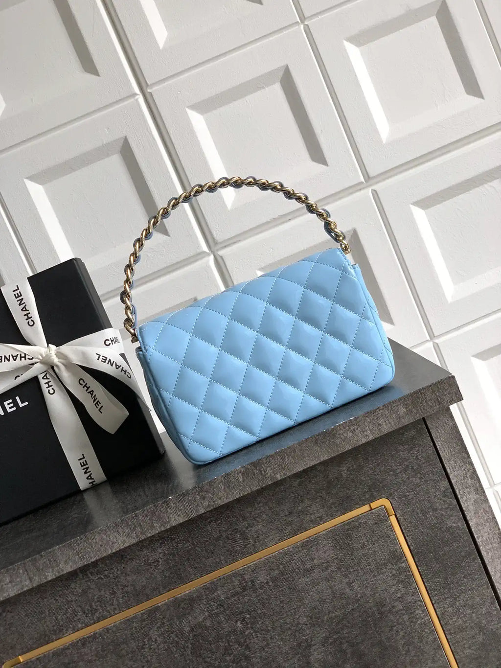 Chanel Evening with Handle Bag Patent leather AS6675 Blue