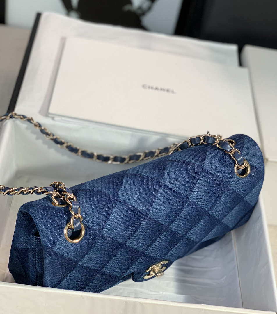 Chanel Flap Classic bag Denim Blue A01112 Gold
