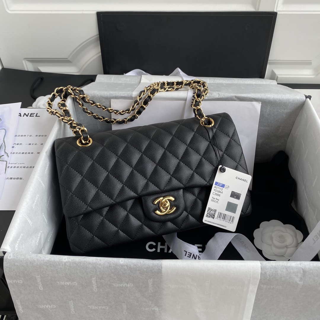Chanel Flap Classic bag Grained shiny Calfskin Black A01112 Gold seamless edge - Default Title - View 1