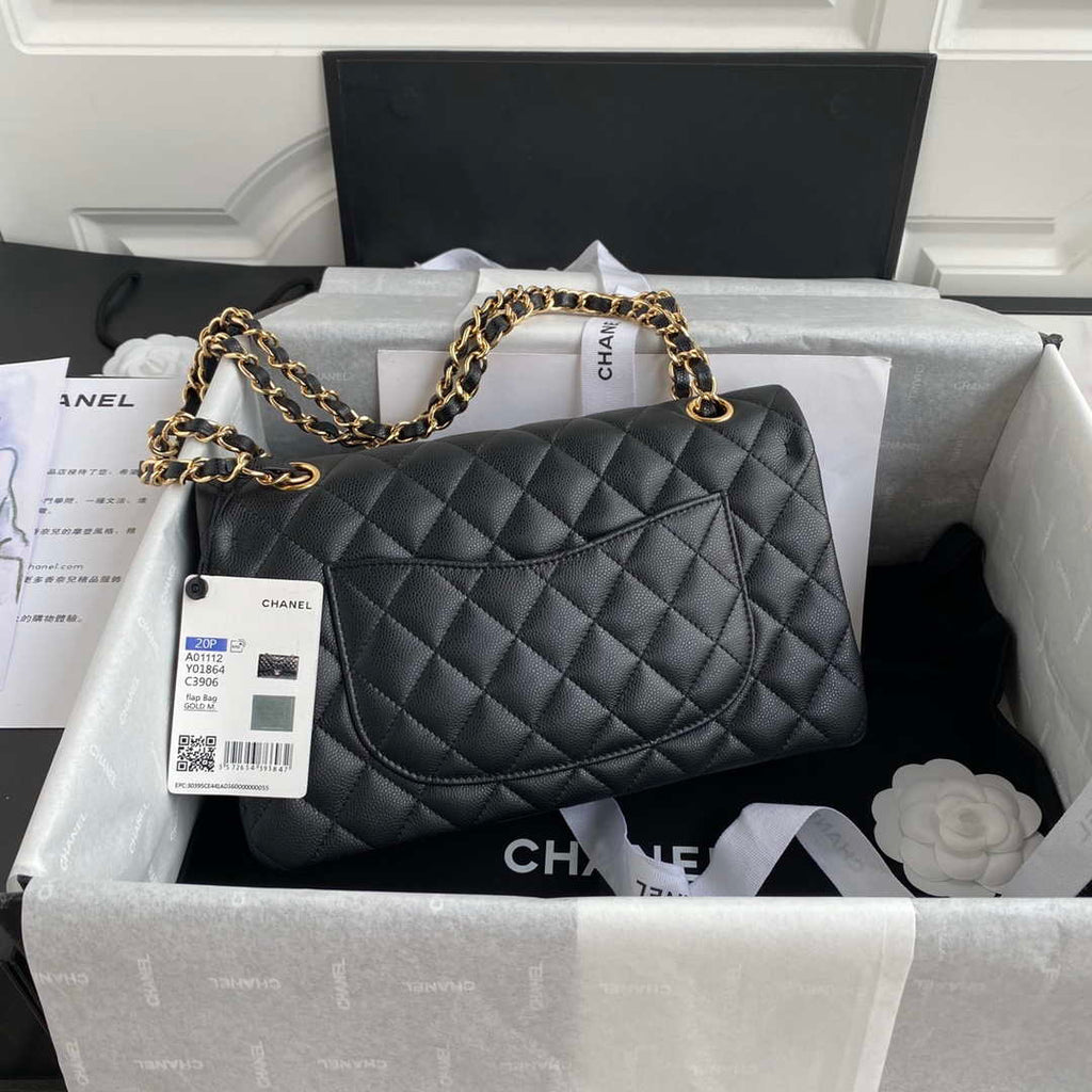 Chanel Flap Classic bag Grained shiny Calfskin Black A01112 Gold seamless edge