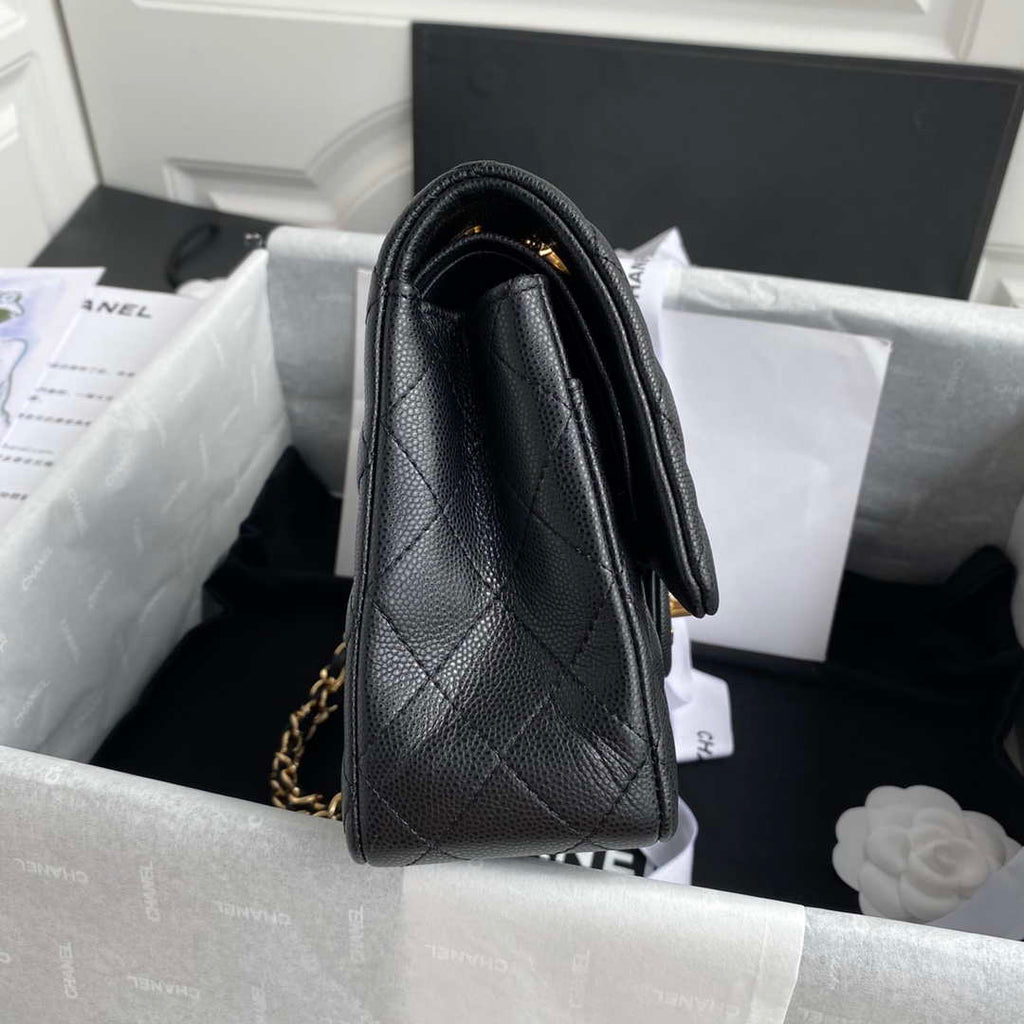 Chanel Flap Classic bag Grained shiny Calfskin Black A01112 Gold seamless edge