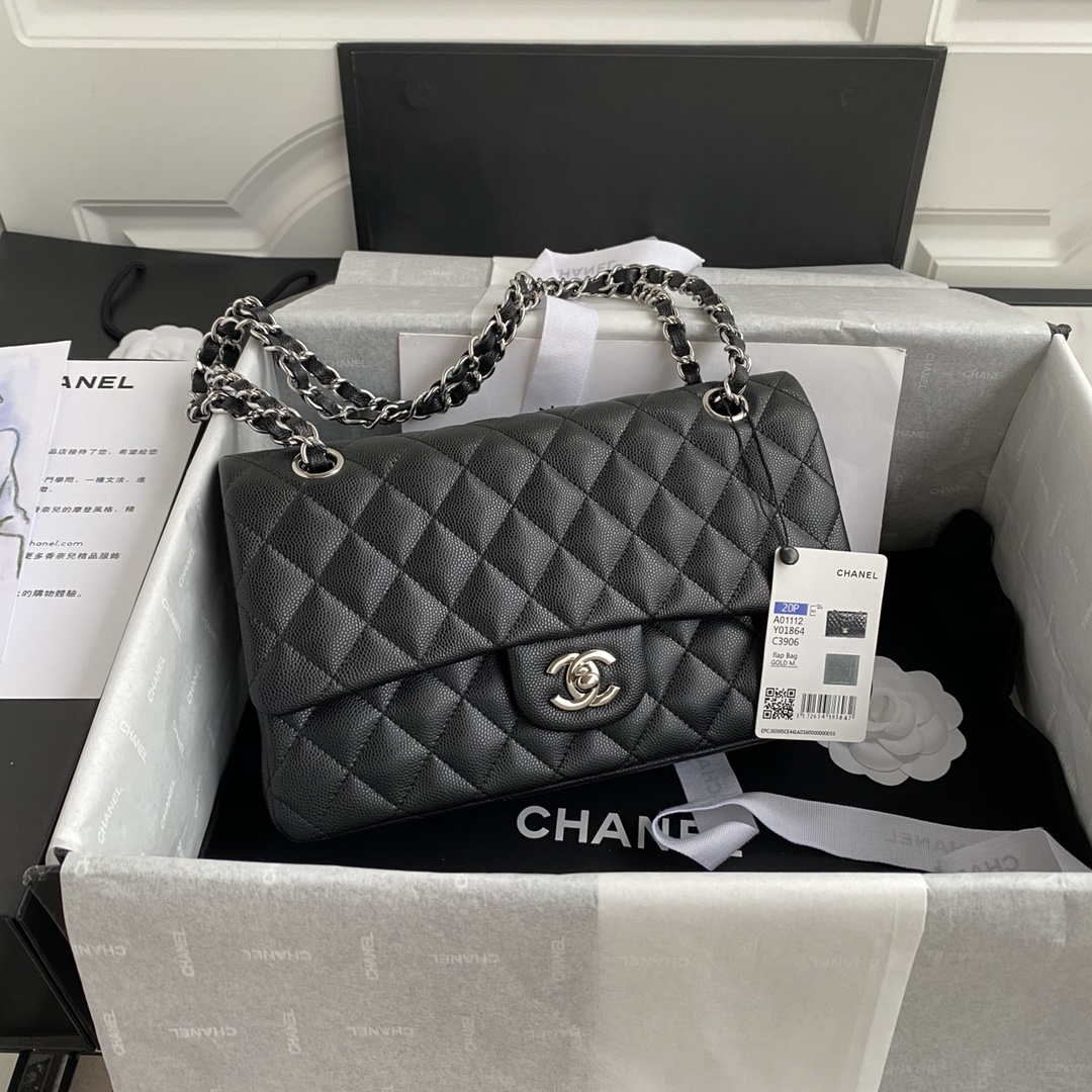 Chanel Flap Classic bag Grained shiny Calfskin Black A01112 Silver seamless edge - Default Title - View 1