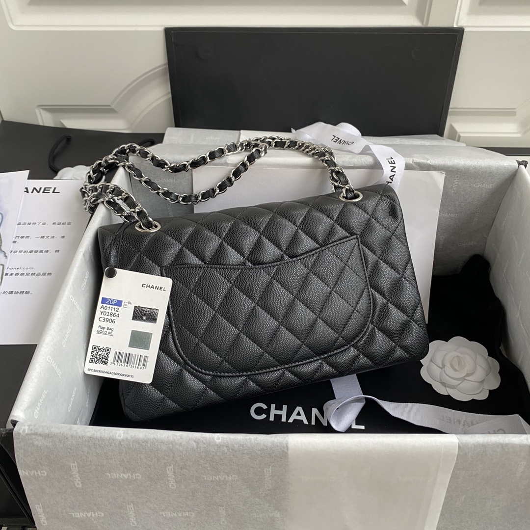 Chanel Flap Classic bag Grained shiny Calfskin Black A01112 Silver seamless edge