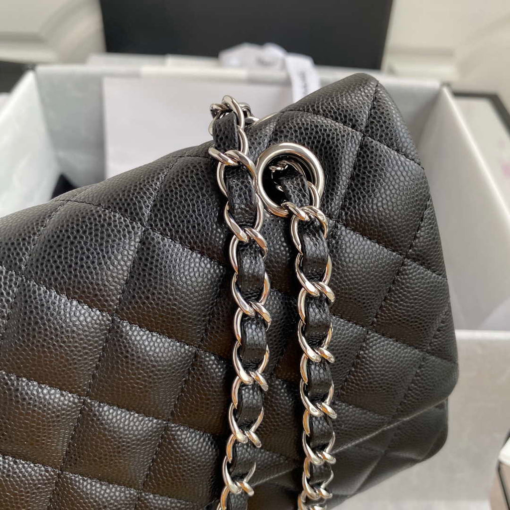 Chanel Flap Classic bag Grained shiny Calfskin Black A01112 Silver seamless edge