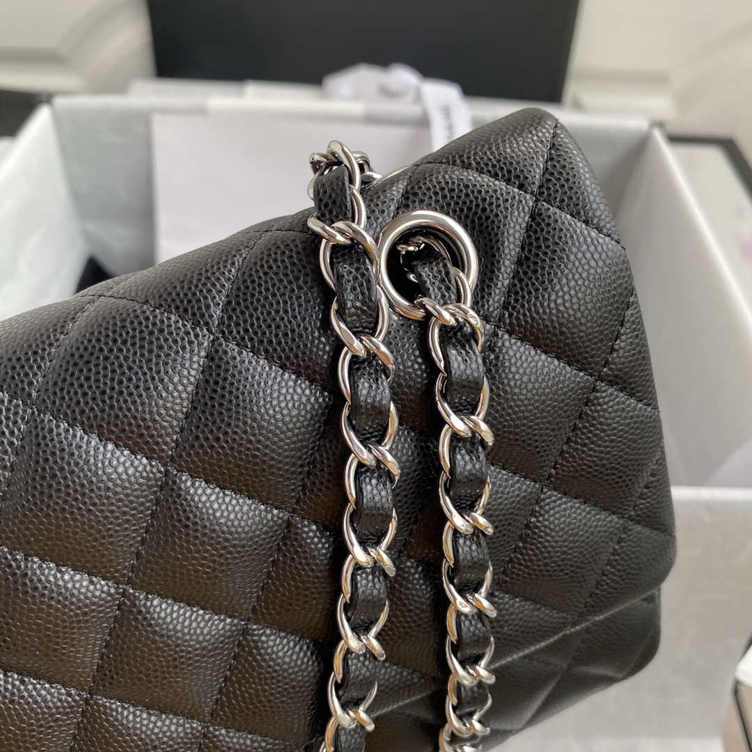 Chanel Flap Classic bag Grained shiny Calfskin Black A01112 Silver seamless edge