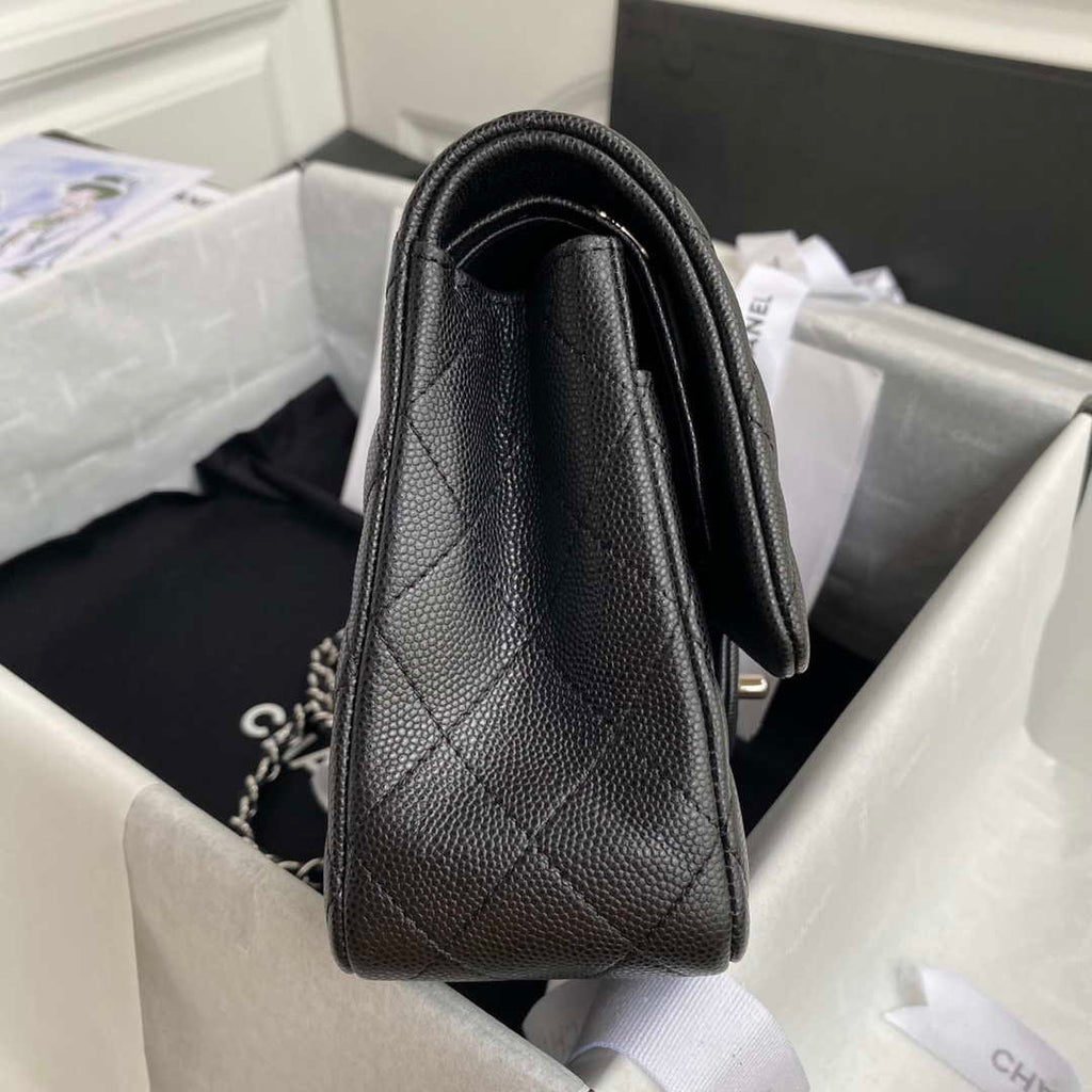 Chanel Flap Classic bag Grained shiny Calfskin Black A01112 Silver seamless edge