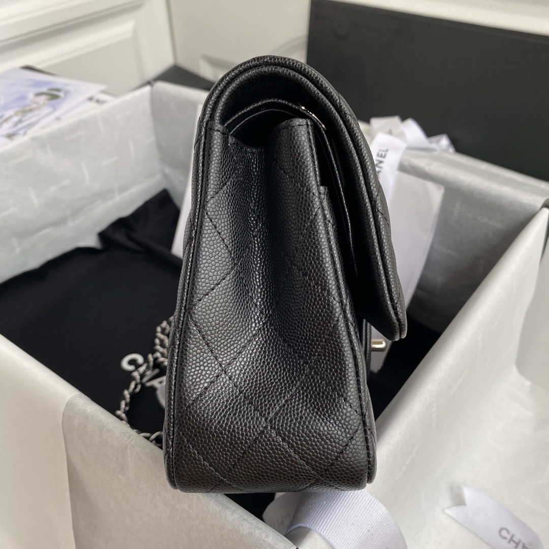 Chanel Flap Classic bag Grained shiny Calfskin Black A01112 Silver seamless edge