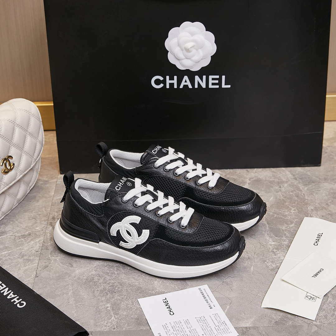 Chanel G46076 Women 24B Trainers Grained Calfskin Black & White C91291