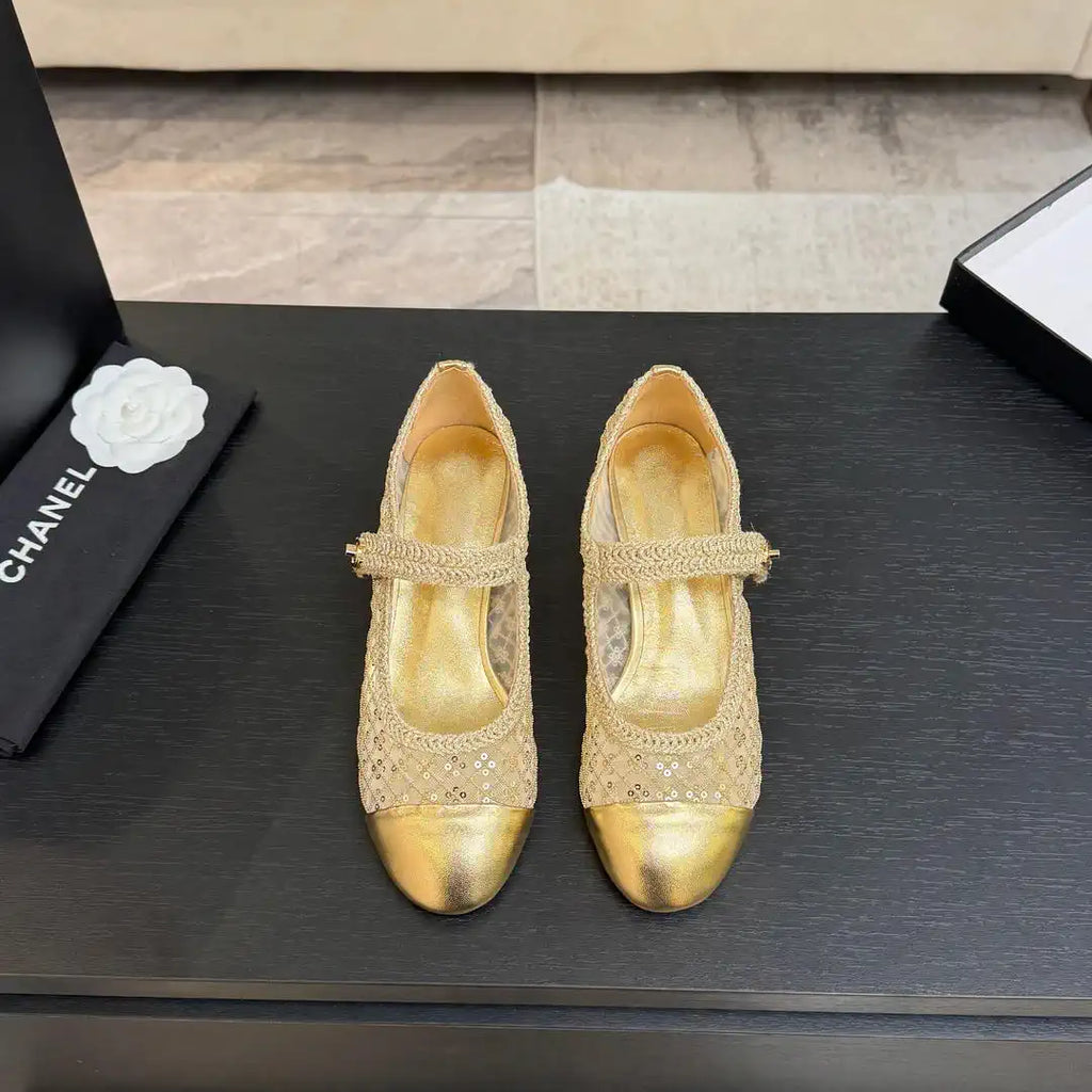 Chanel G46718 25B woven sequined 4.5 CM Mary Janes C90343