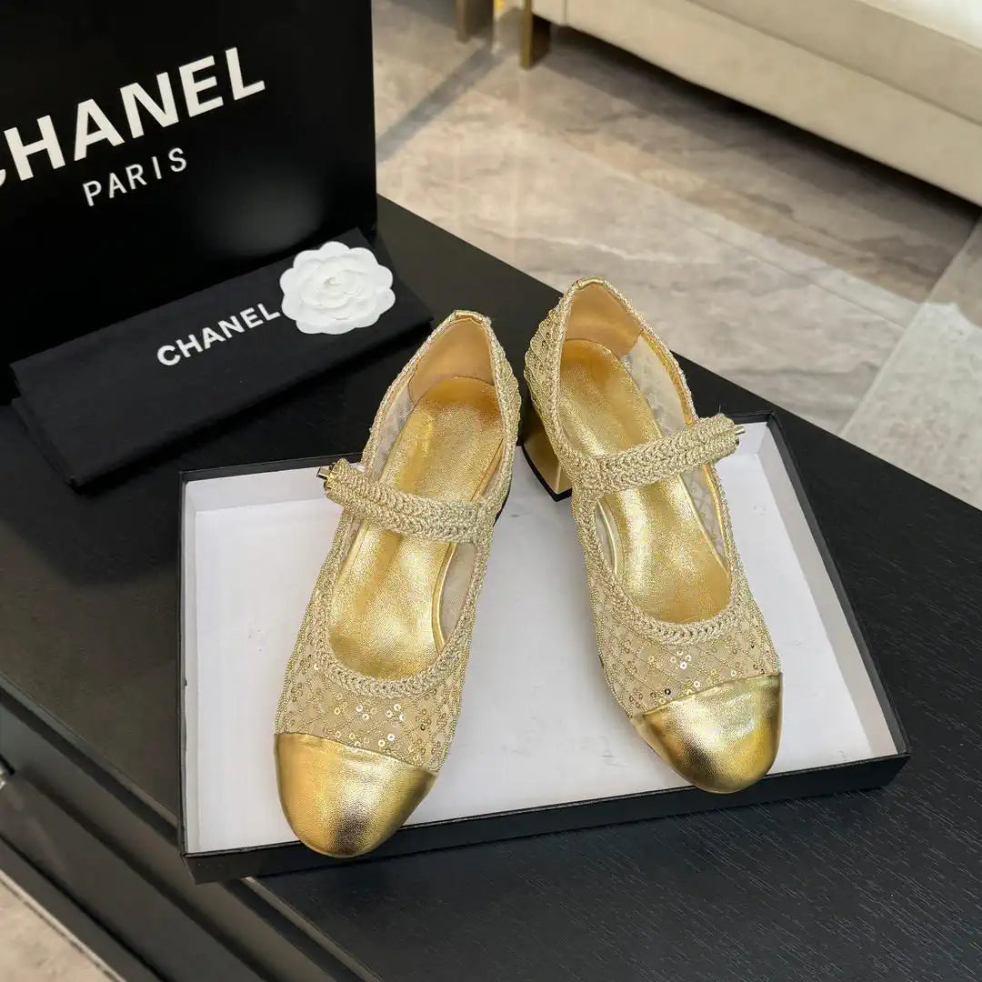 Chanel G46718 25B woven sequined 4.5 CM Mary Janes C90343