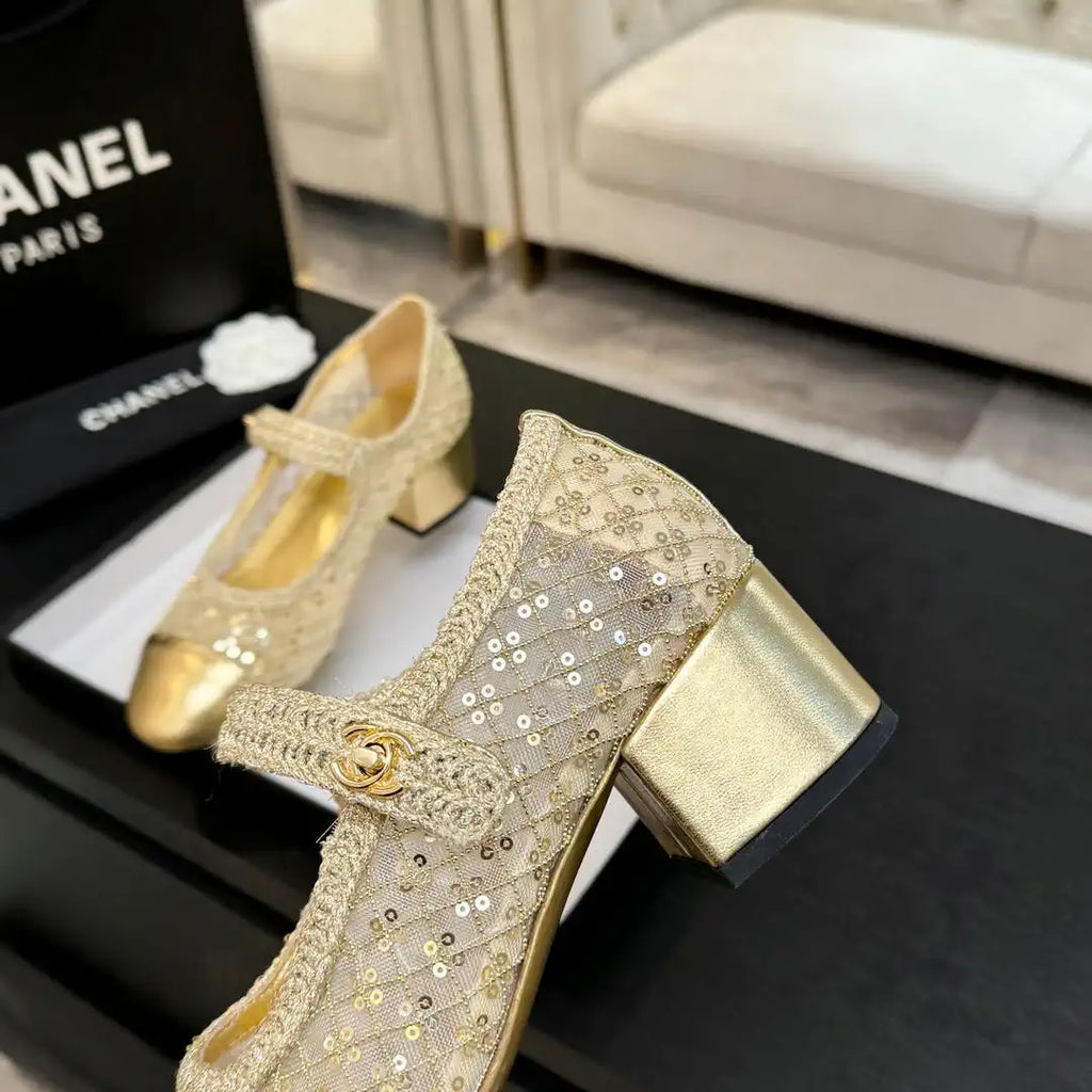 Chanel G46718 25B woven sequined 4.5 CM Mary Janes C90343