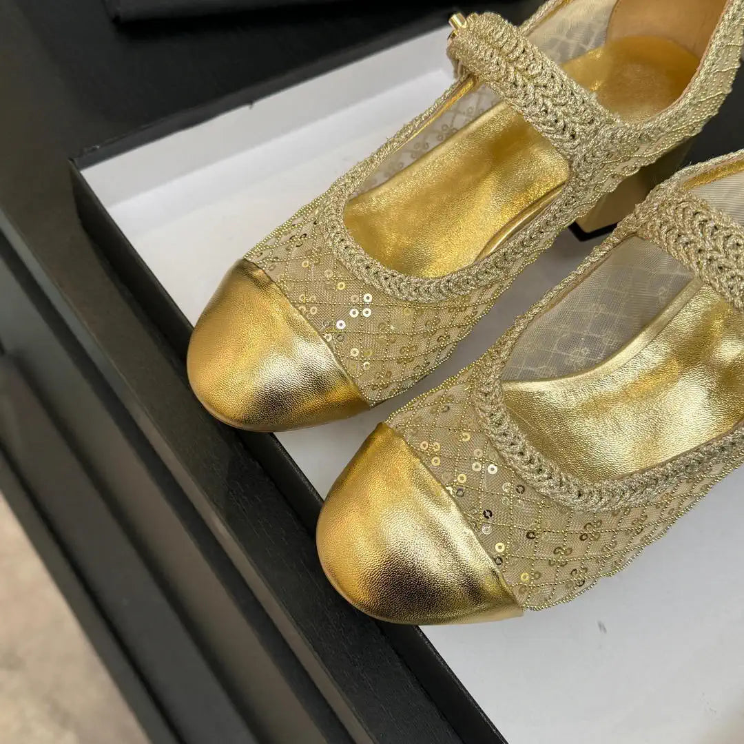 Chanel G46718 25B woven sequined 4.5 CM Mary Janes C90343