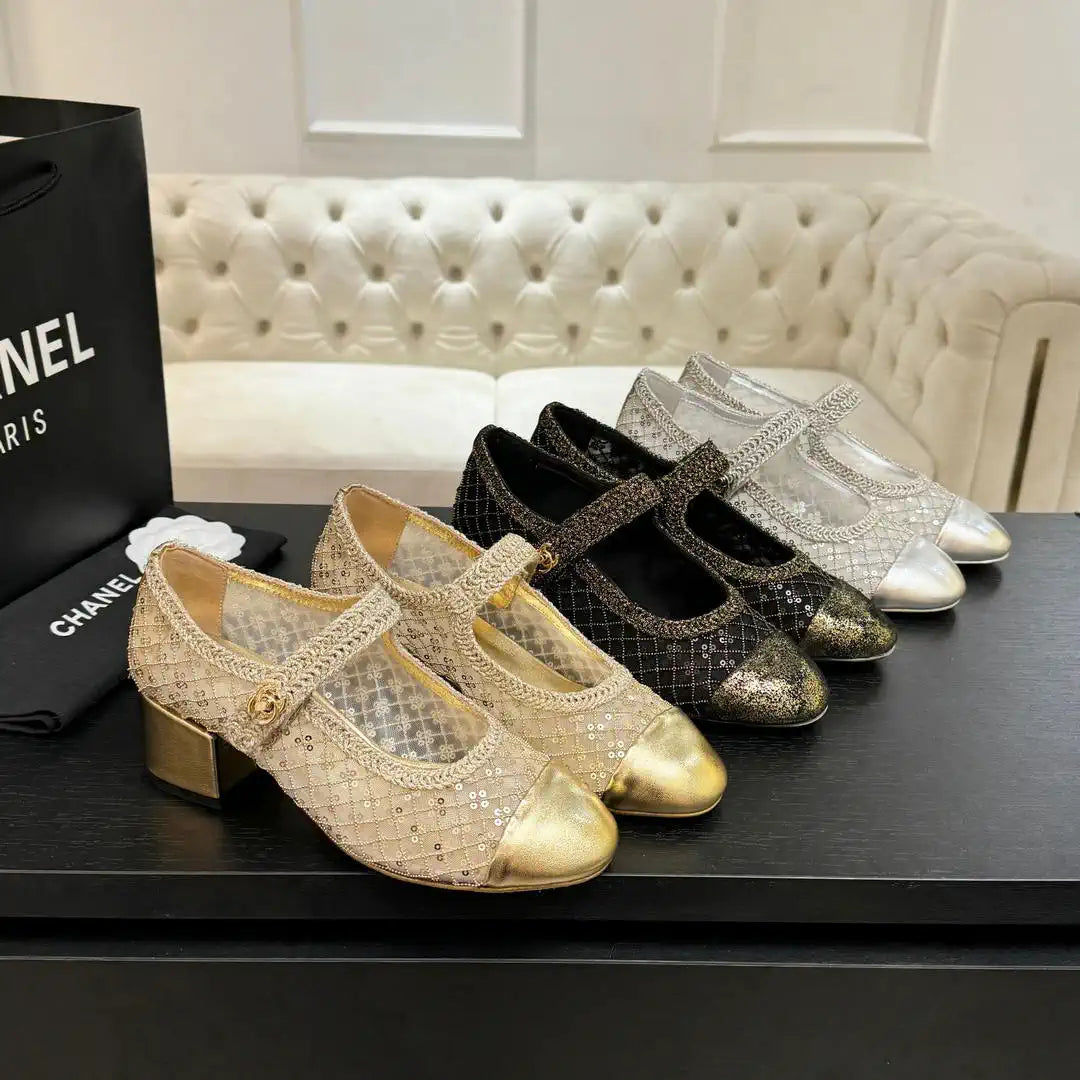 Chanel G46718 25B woven sequined 4.5 CM Mary Janes C90343