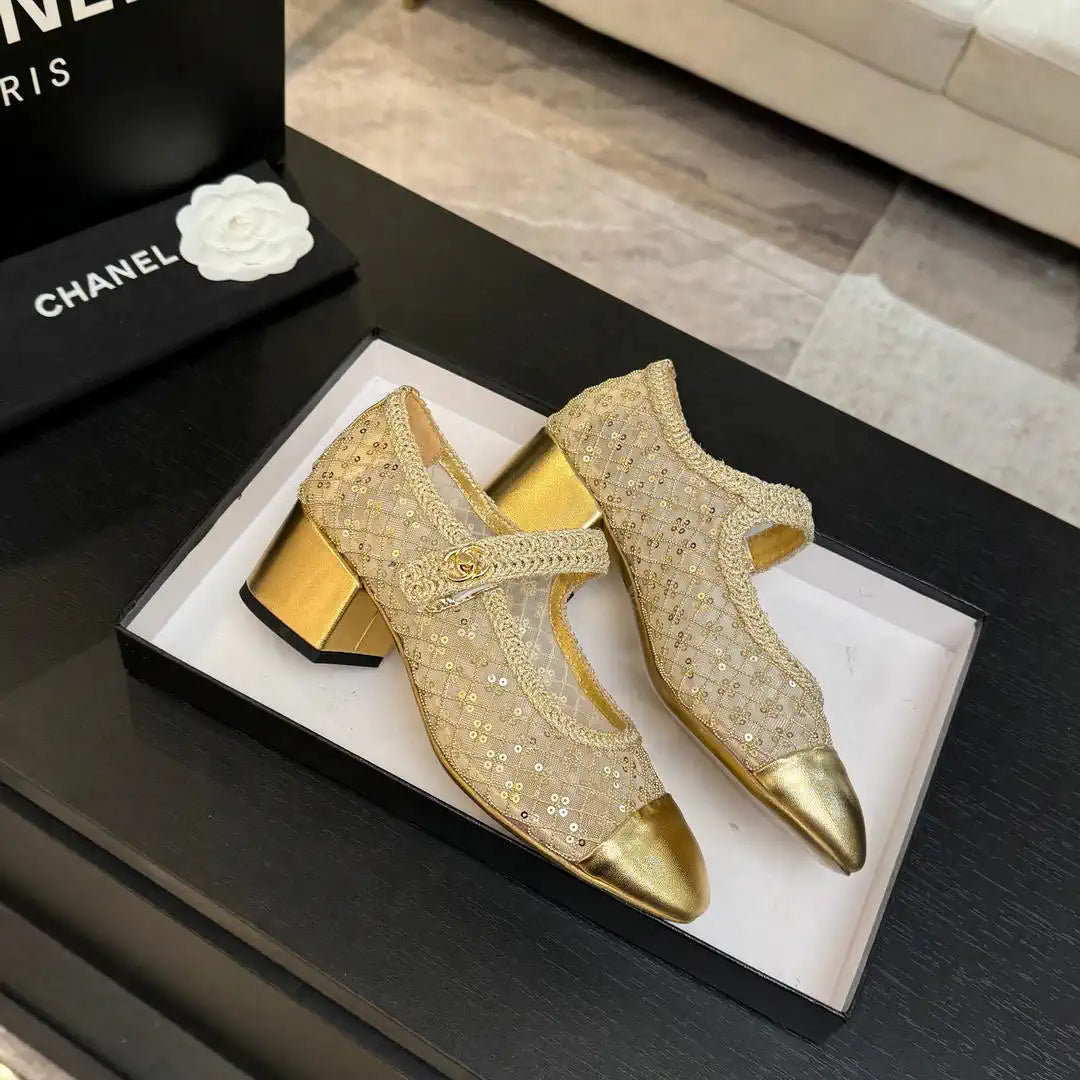 Chanel G46718 25B woven sequined 4.5 CM Mary Janes C90343