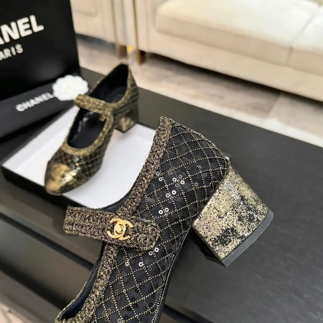 Chanel G46718 25B woven sequined 4.5 CM Mary Janes C90344