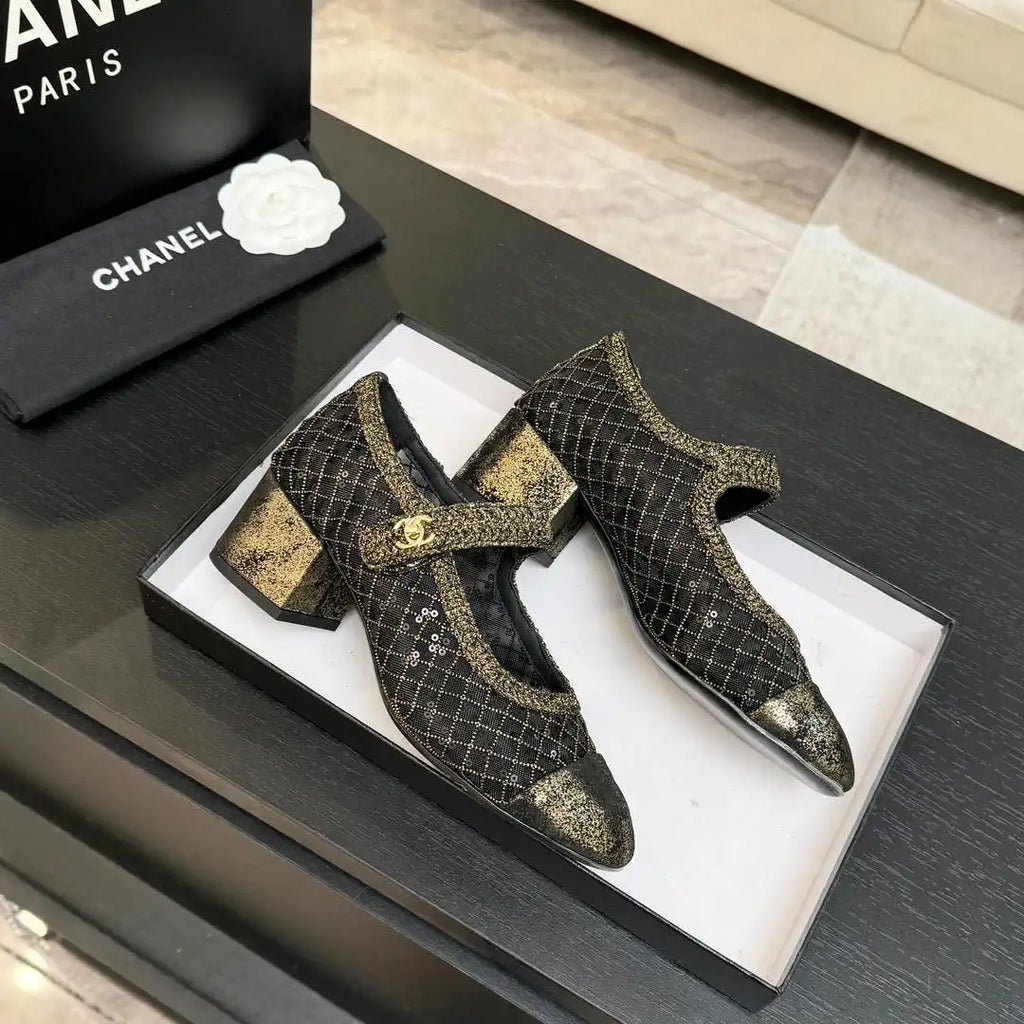 Chanel G46718 25B woven sequined 4.5 CM Mary Janes C90344