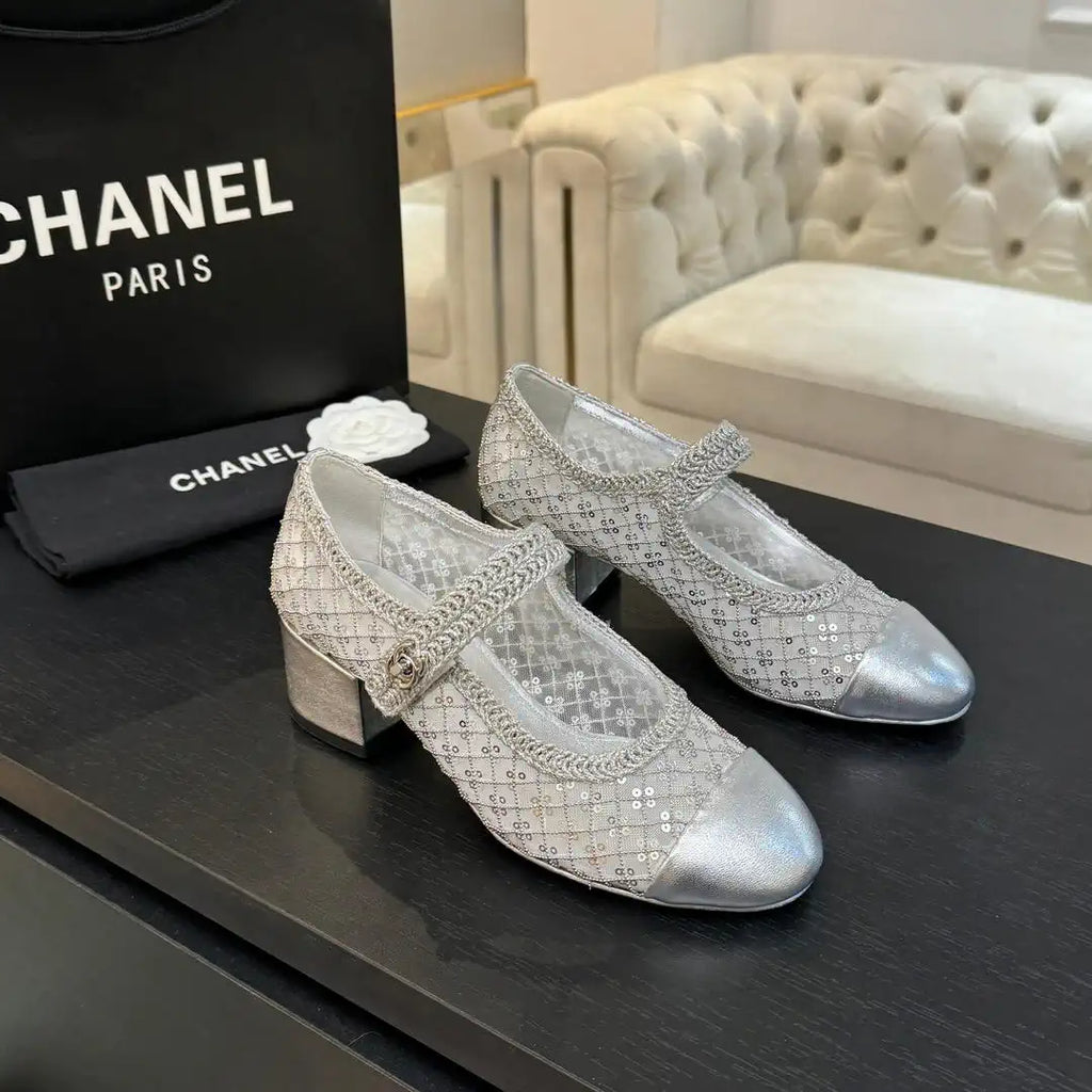Chanel G46718 25B woven sequined 4.5 CM Mary Janes C90345