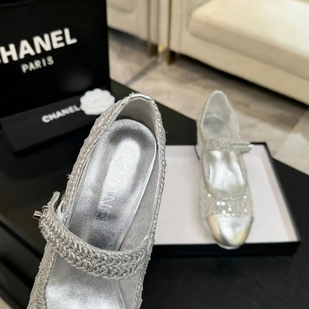 Chanel G46718 25B woven sequined 4.5 CM Mary Janes C90345