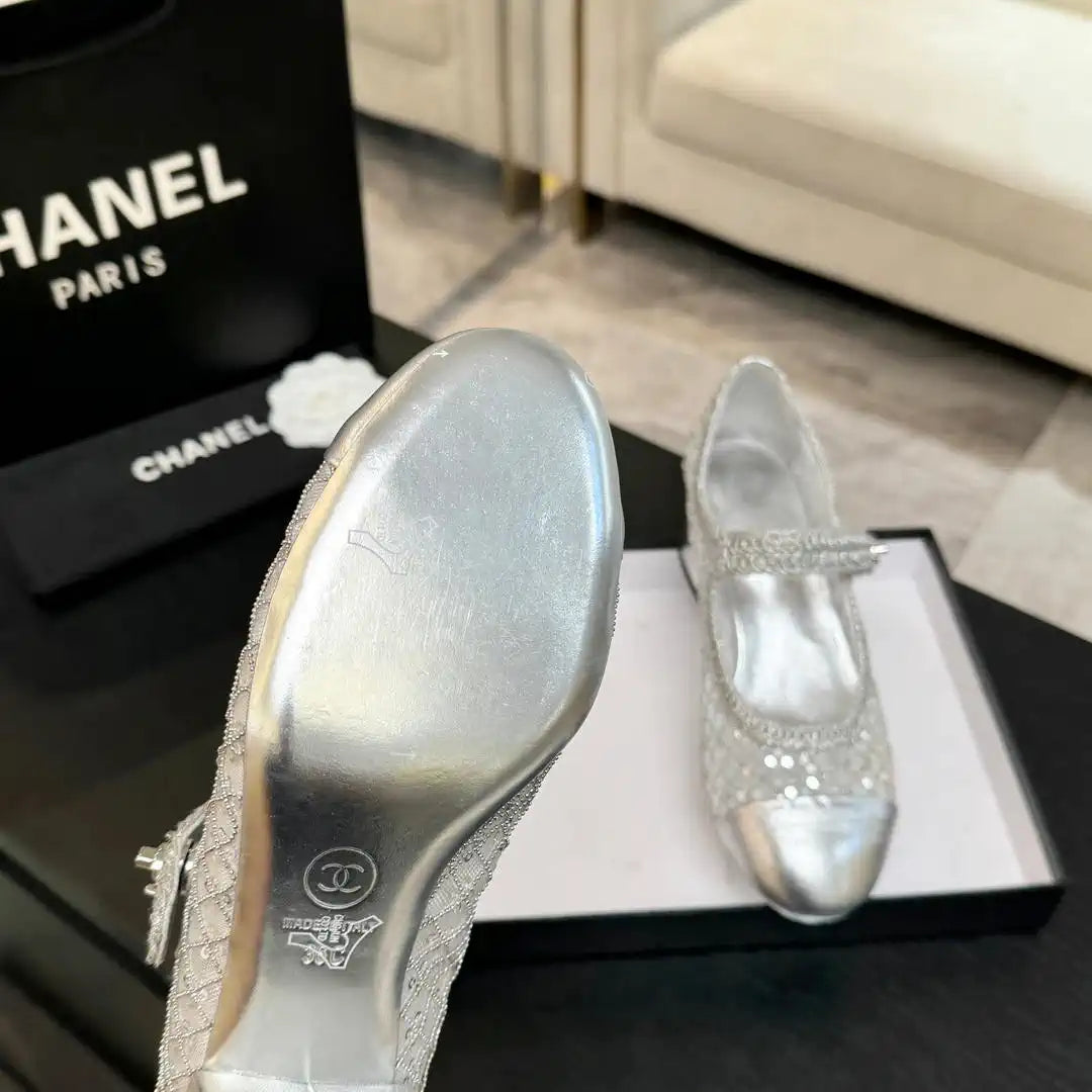 Chanel G46718 25B woven sequined 4.5 CM Mary Janes C90345
