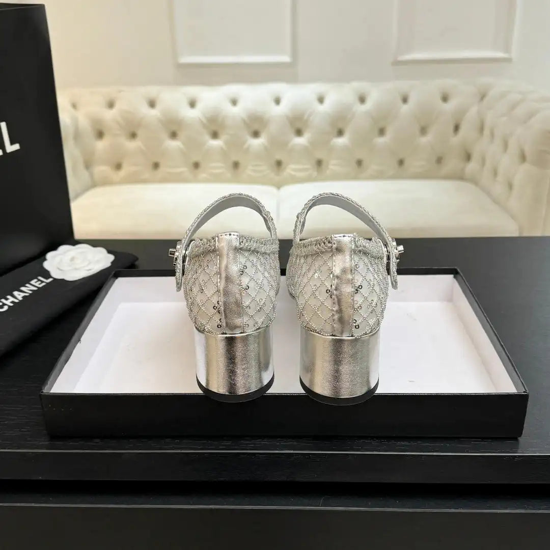 Chanel G46718 25B woven sequined 4.5 CM Mary Janes C90345