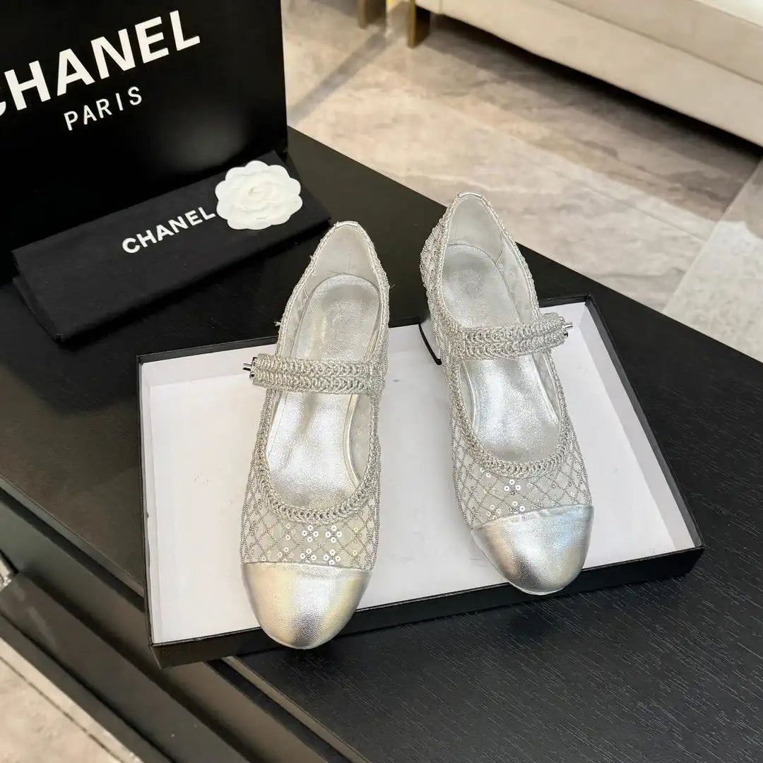 Chanel G46718 25B woven sequined 4.5 CM Mary Janes C90345