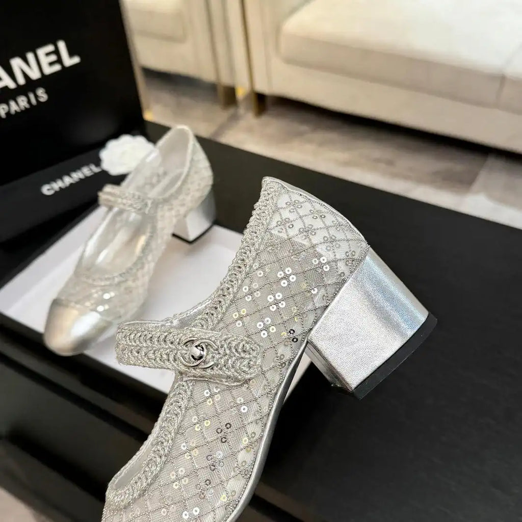 Chanel G46718 25B woven sequined 4.5 CM Mary Janes C90345