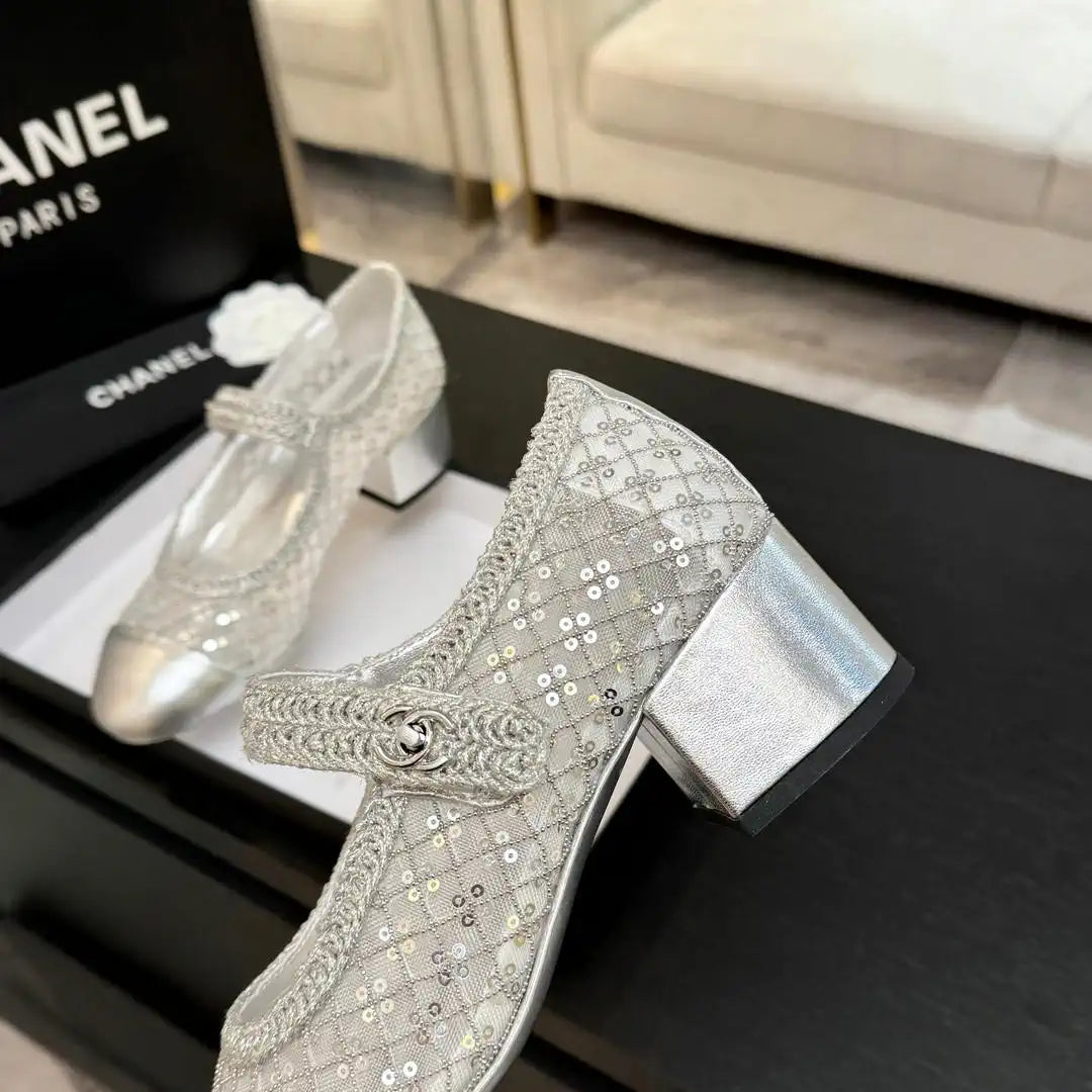 Chanel G46718 25B woven sequined 4.5 CM Mary Janes C90345
