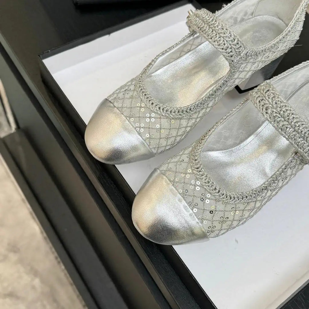 Chanel G46718 25B woven sequined 4.5 CM Mary Janes C90345
