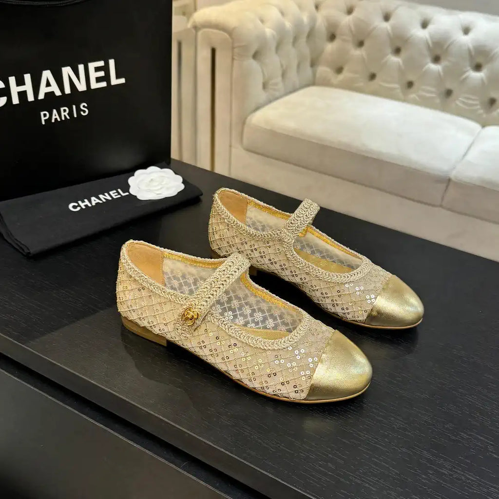 Chanel G46718 25B woven sequined flat Mary Janes C90340