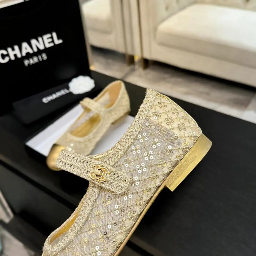 Chanel G46718 25B woven sequined flat Mary Janes C90340