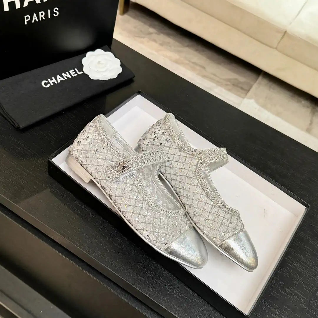 Chanel G46718 25B woven sequined flat Mary Janes C90341