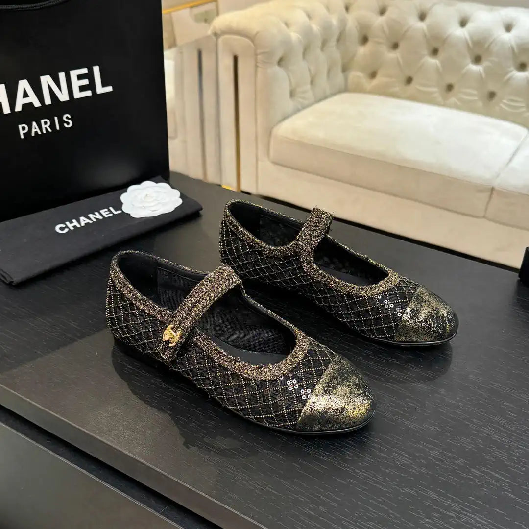Chanel G46718 25B woven sequined flat Mary Janes C90342