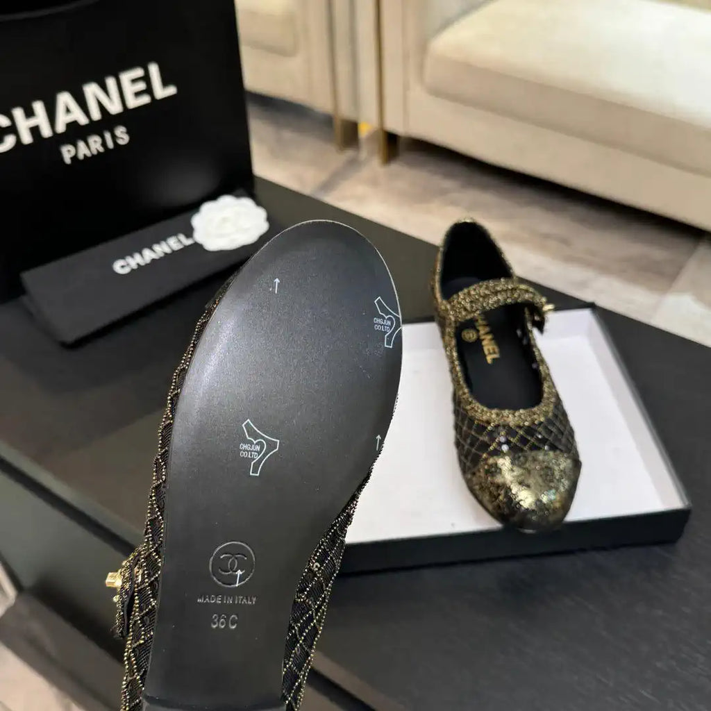 Chanel G46718 25B woven sequined flat Mary Janes C90342