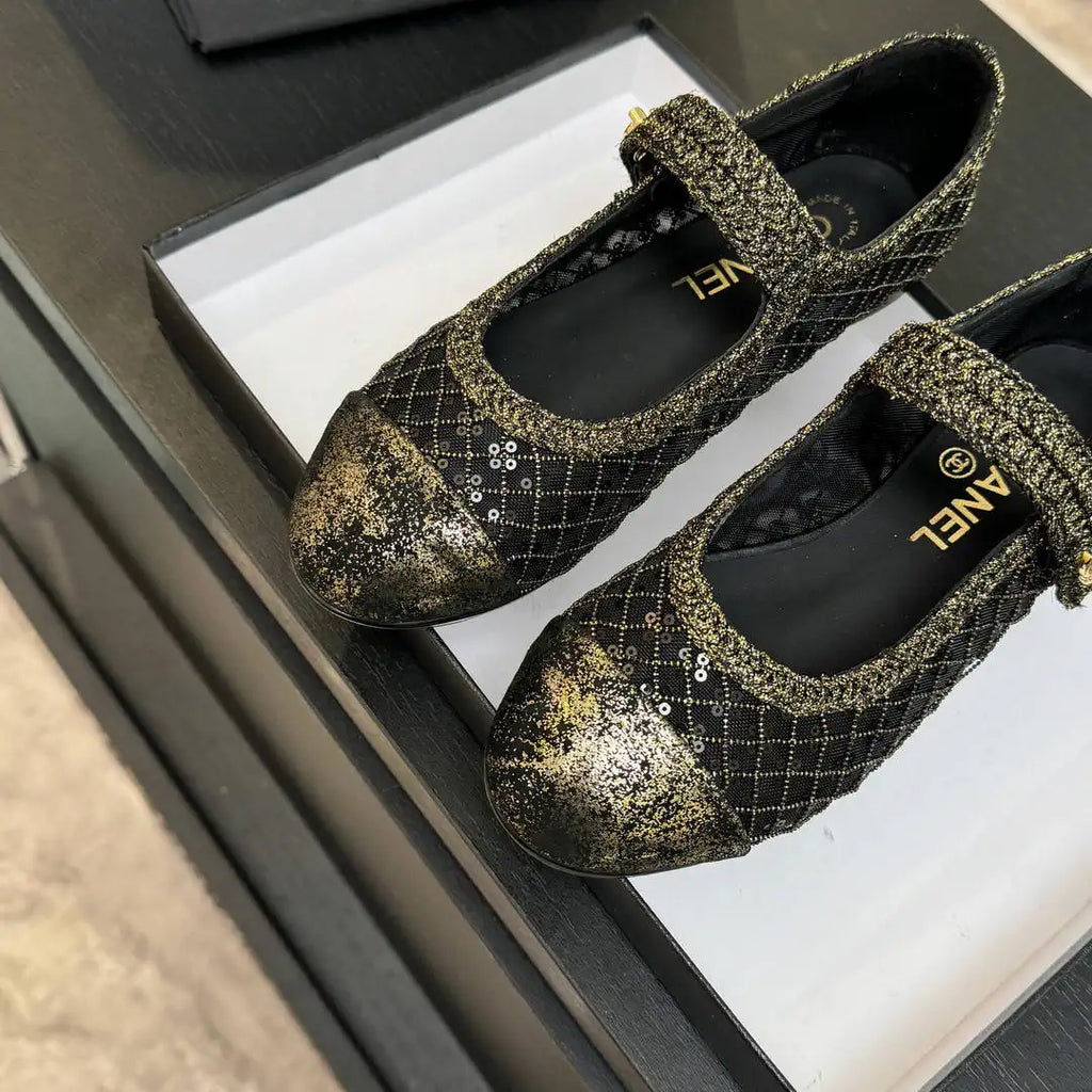 Chanel G46718 25B woven sequined flat Mary Janes C90342