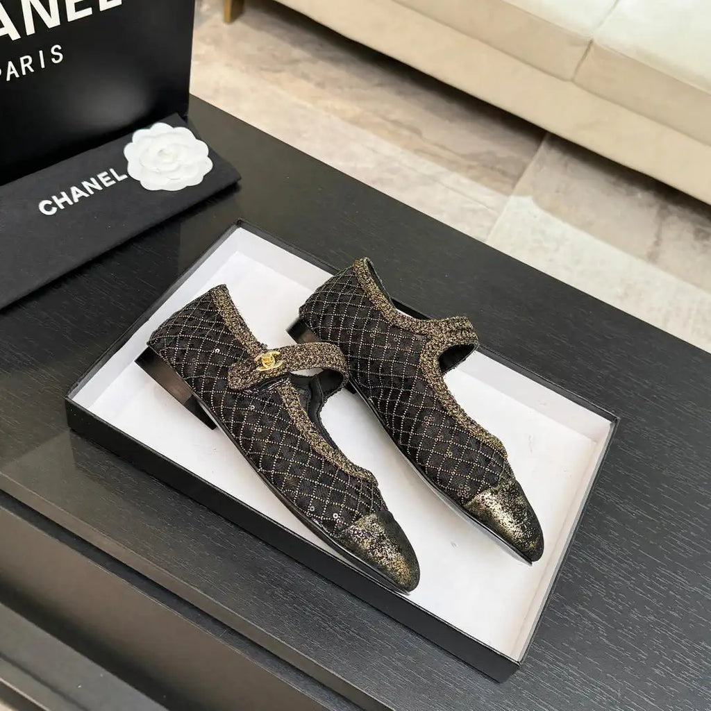 Chanel G46718 25B woven sequined flat Mary Janes C90342
