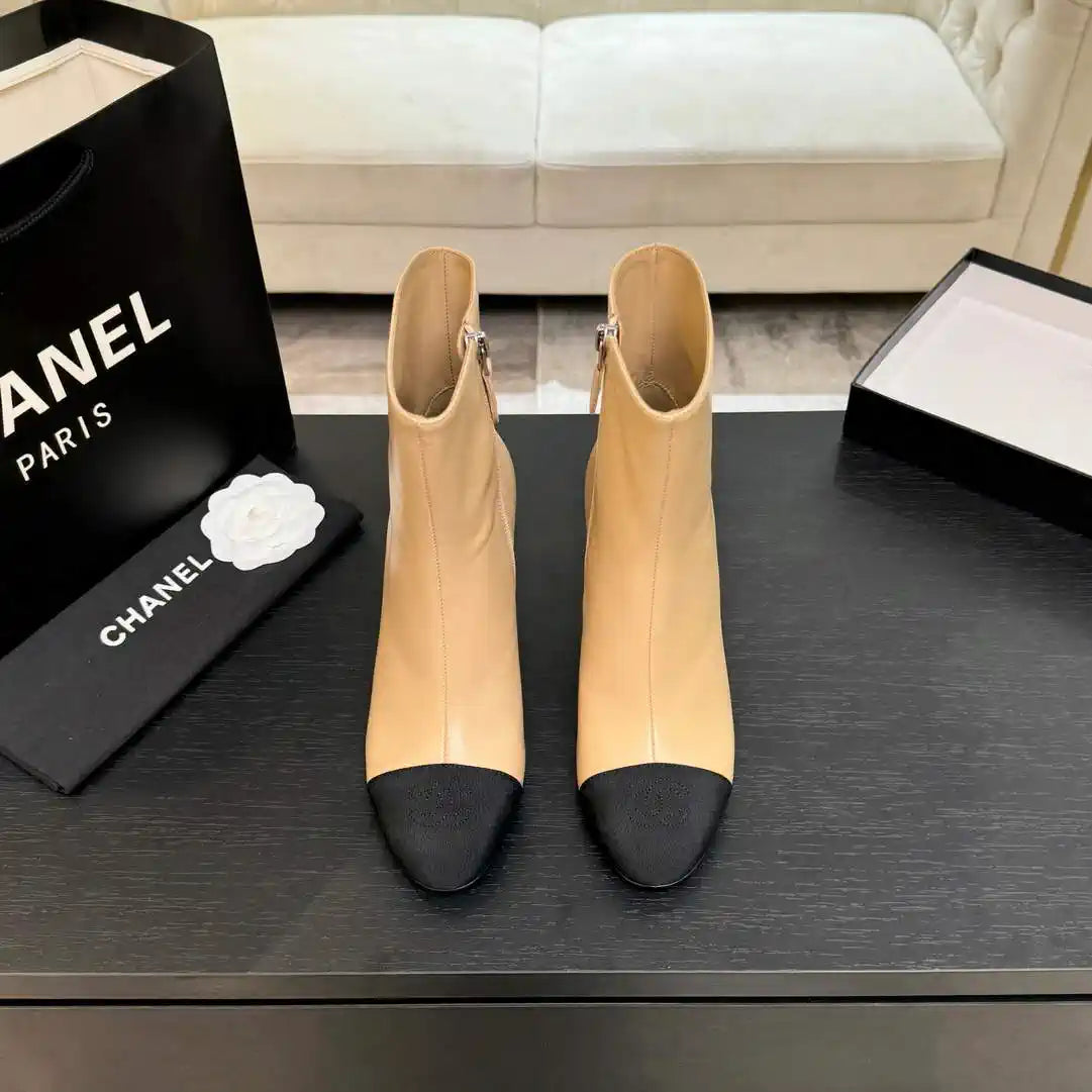 Chanel G46755 color-blocked high-heeled ankle boots C90334