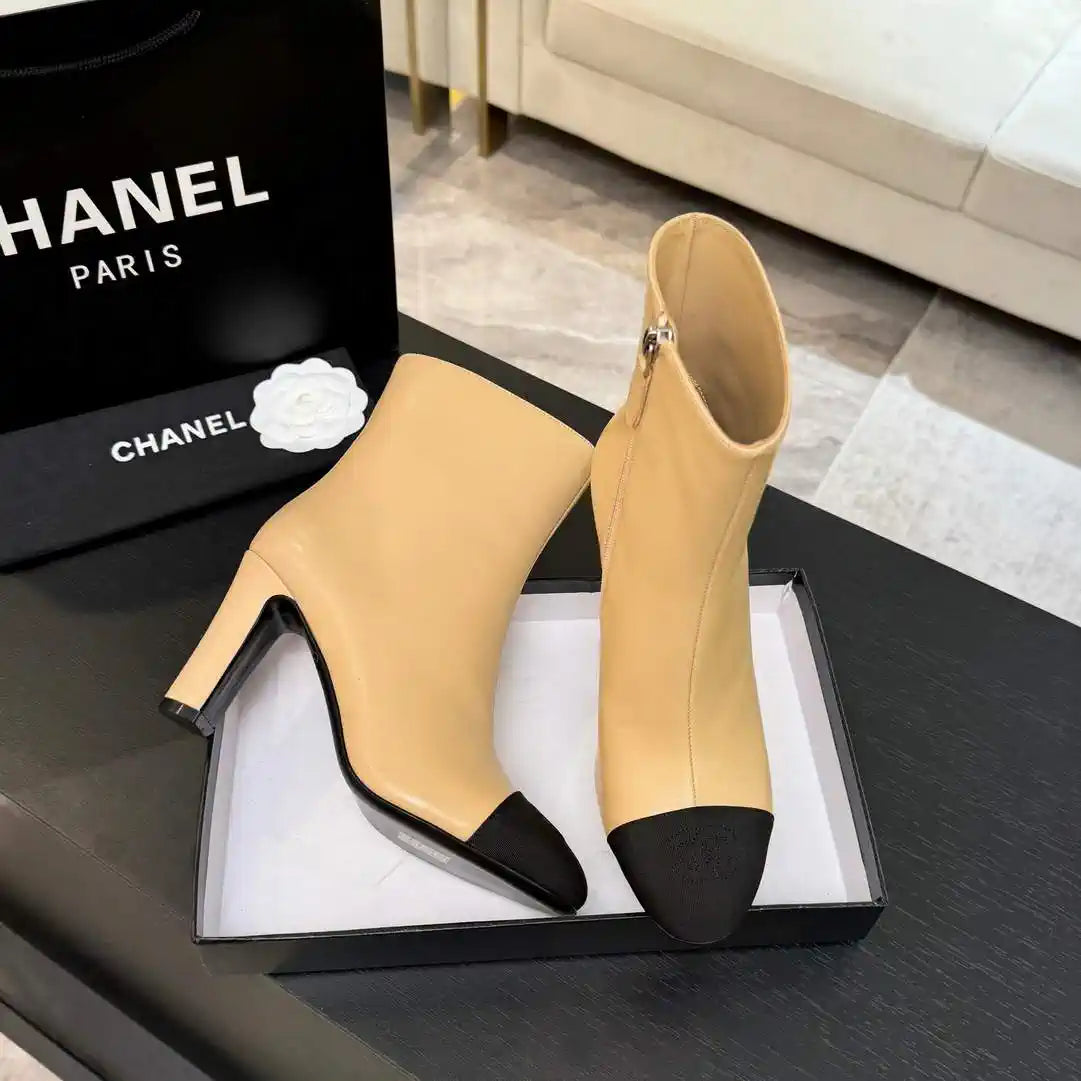 Chanel G46755 color-blocked high-heeled ankle boots C90334