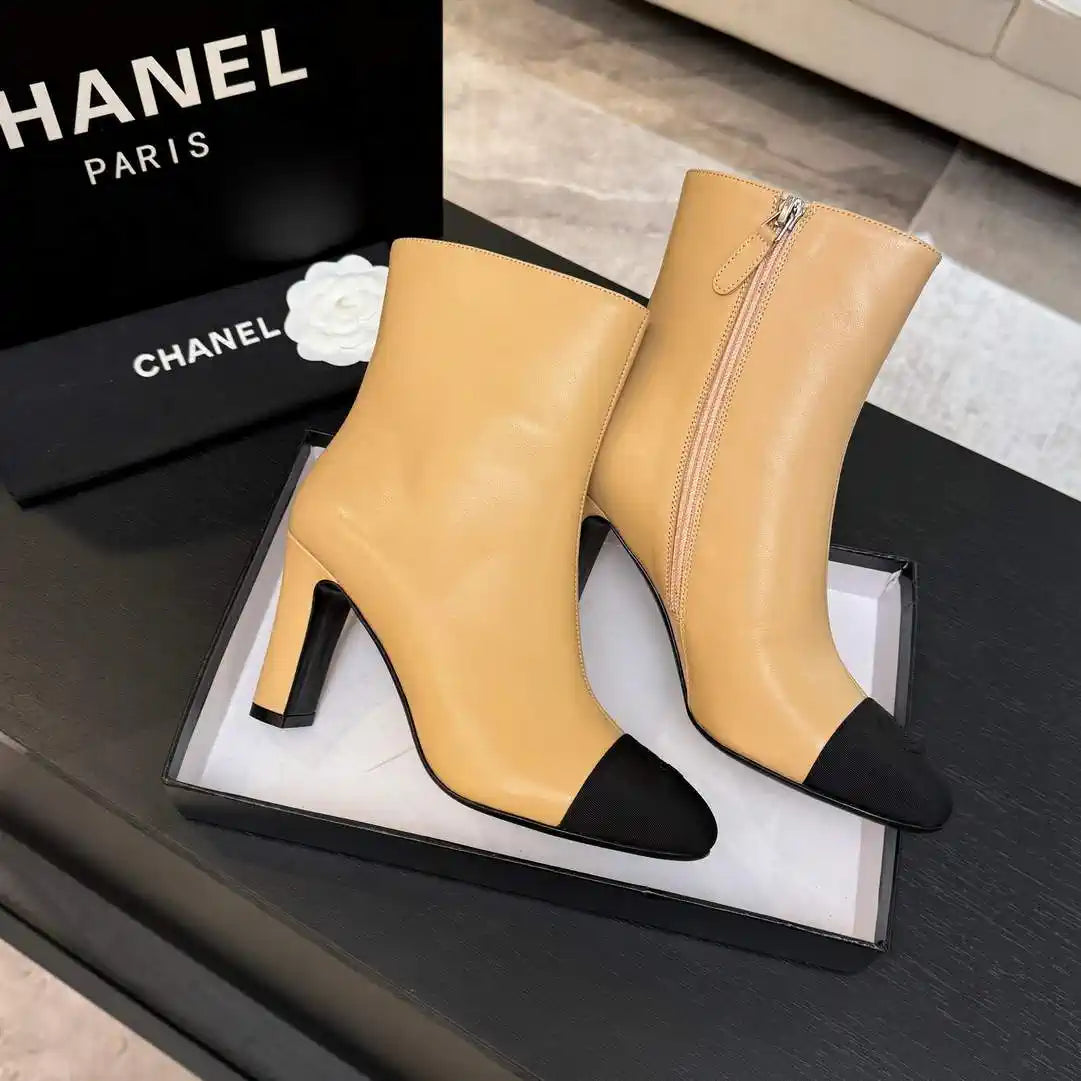 Chanel G46755 color-blocked high-heeled ankle boots C90334
