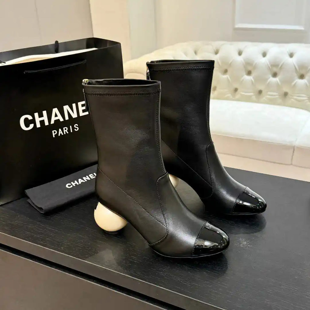 Chanel G46776 Mid-Calf Boots Stretch Lambskin & Patent Calfskin C90322