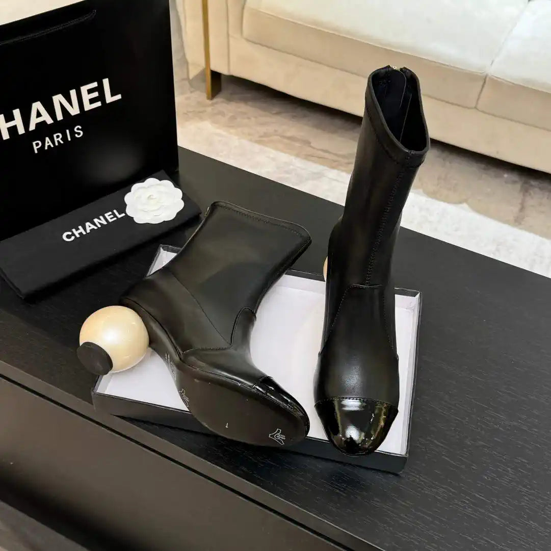 Chanel G46776 Mid-Calf Boots Stretch Lambskin & Patent Calfskin C90322