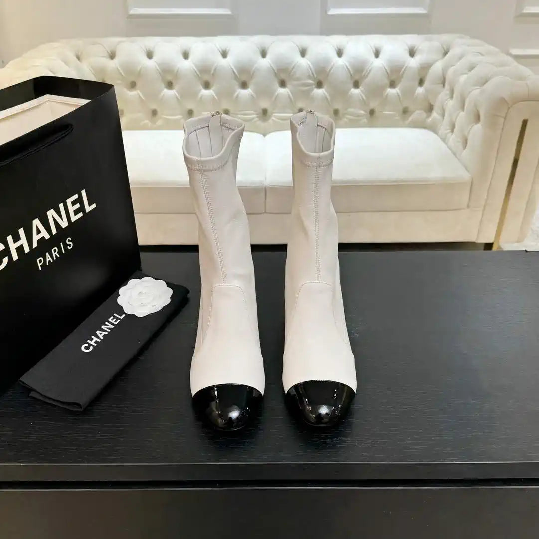 Chanel G46776 Mid-Calf Boots Stretch Lambskin & Patent Calfskin C90323