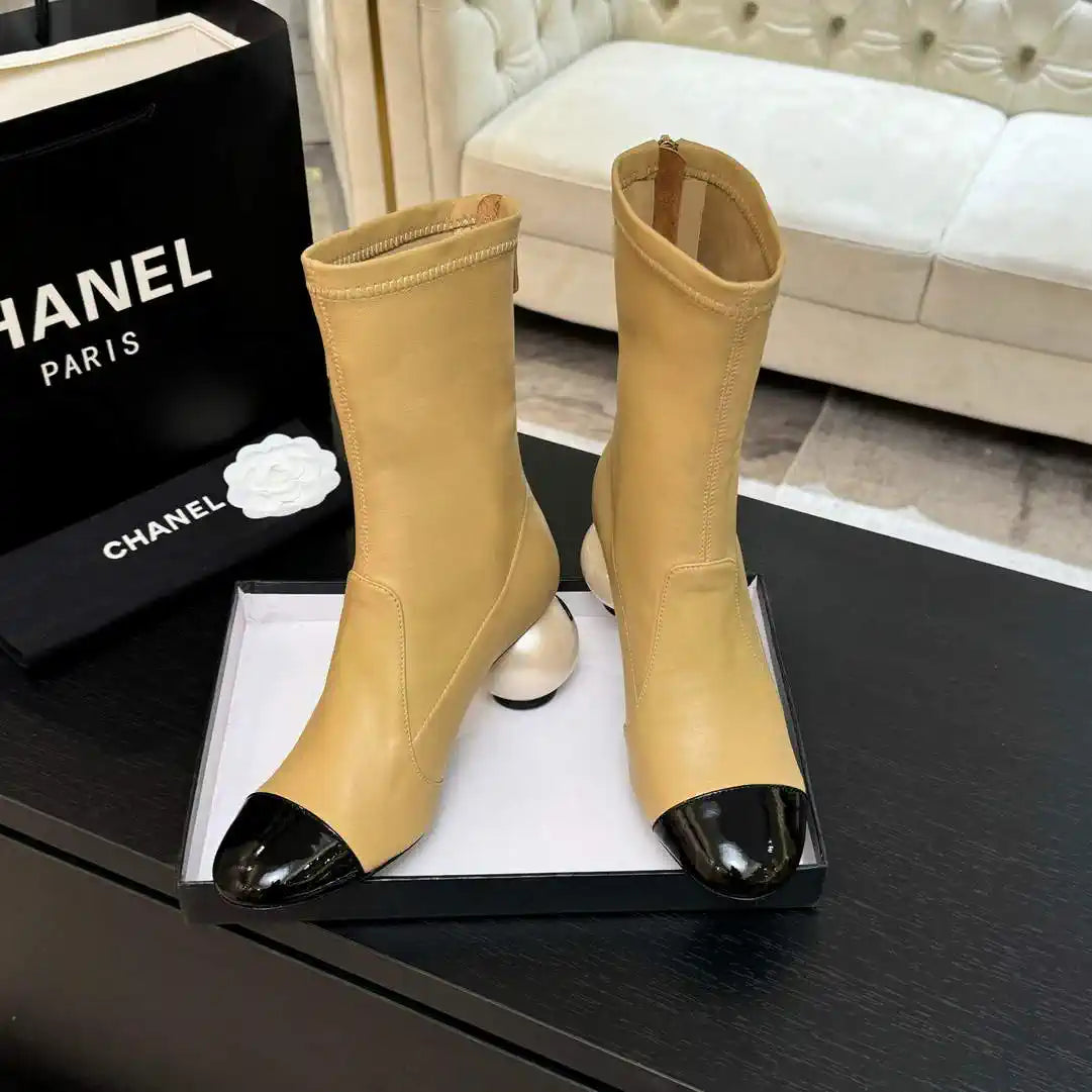 Chanel G46776 Mid-Calf Boots Stretch Lambskin & Patent Calfskin C90324