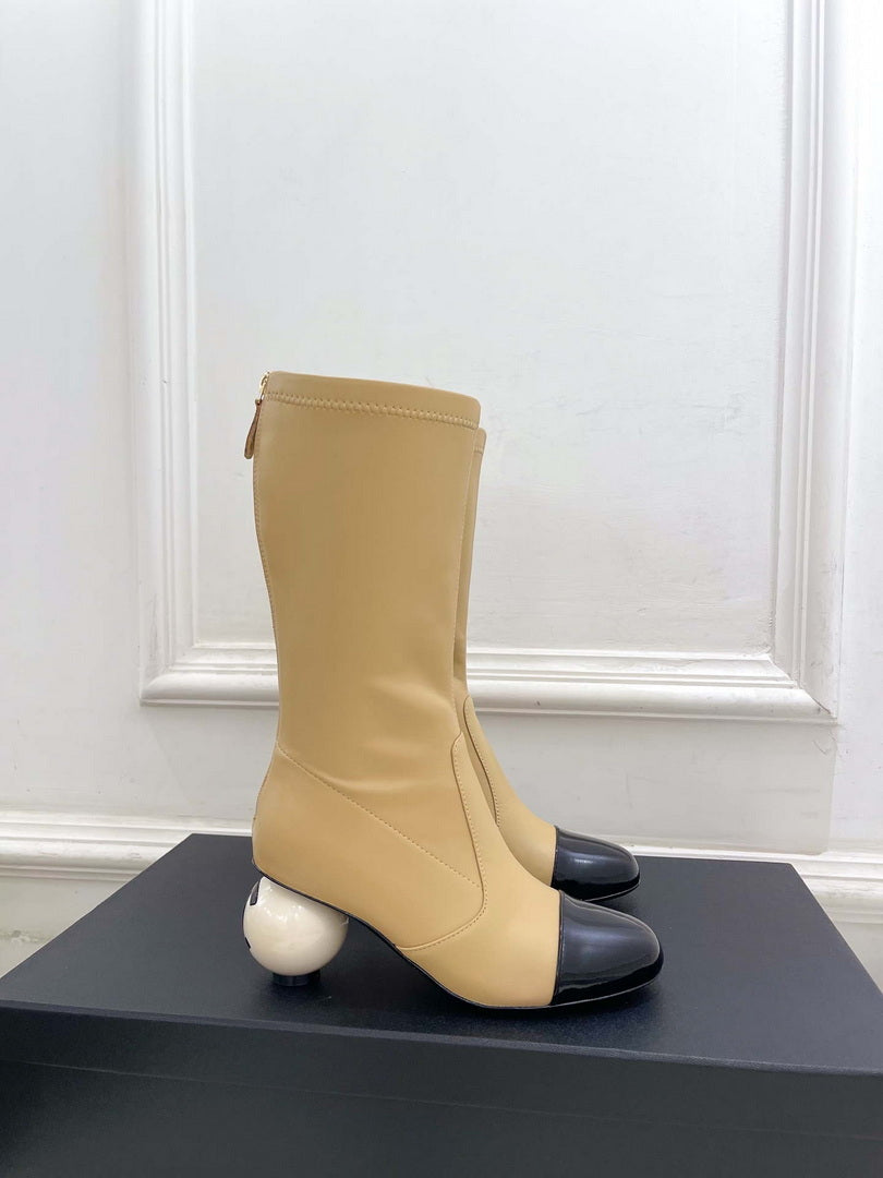 Chanel Jumbo Pearl Heel Stretch Boots Shoes C93687