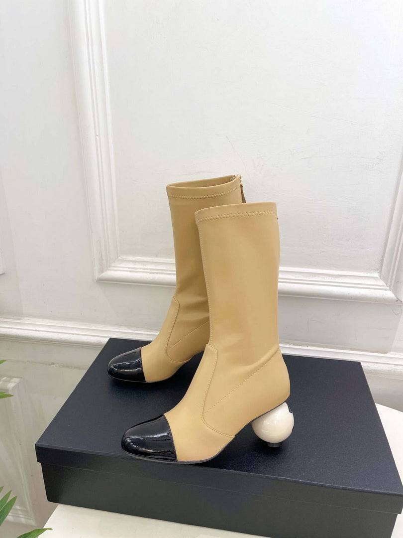 Chanel Jumbo Pearl Heel Stretch Boots Shoes C93687