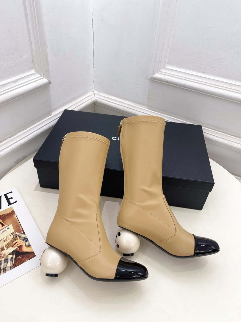 Chanel Jumbo Pearl Heel Stretch Boots Shoes C93687