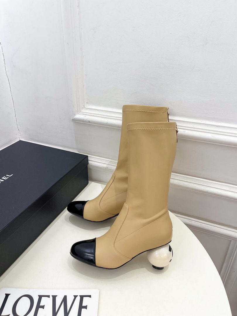 Chanel Jumbo Pearl Heel Stretch Boots Shoes C93687