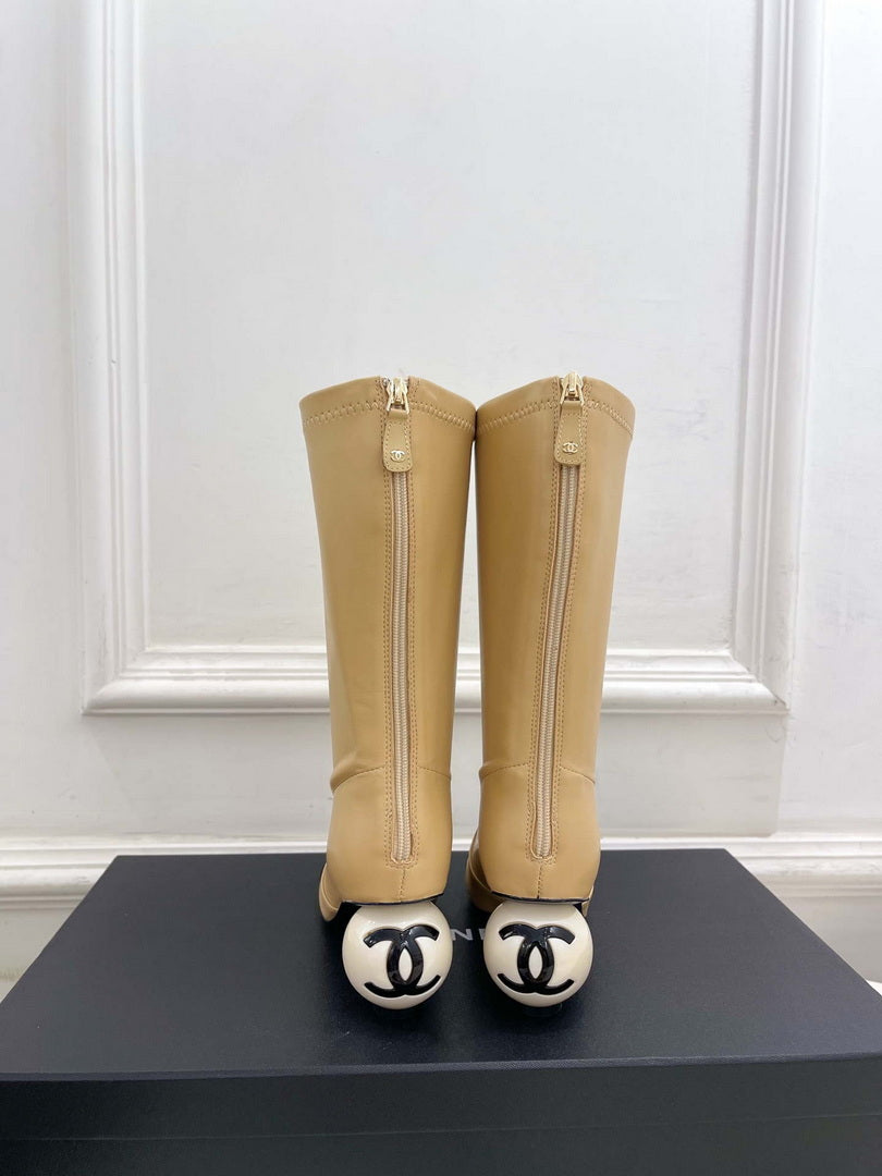 Chanel Jumbo Pearl Heel Stretch Boots Shoes C93687