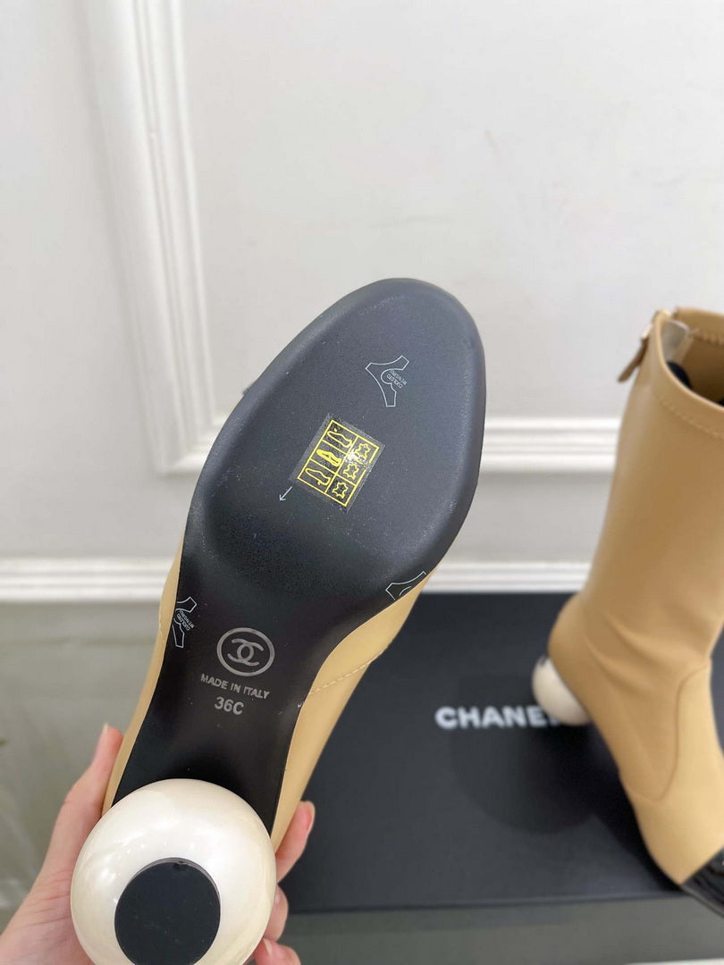 Chanel Jumbo Pearl Heel Stretch Boots Shoes C93687