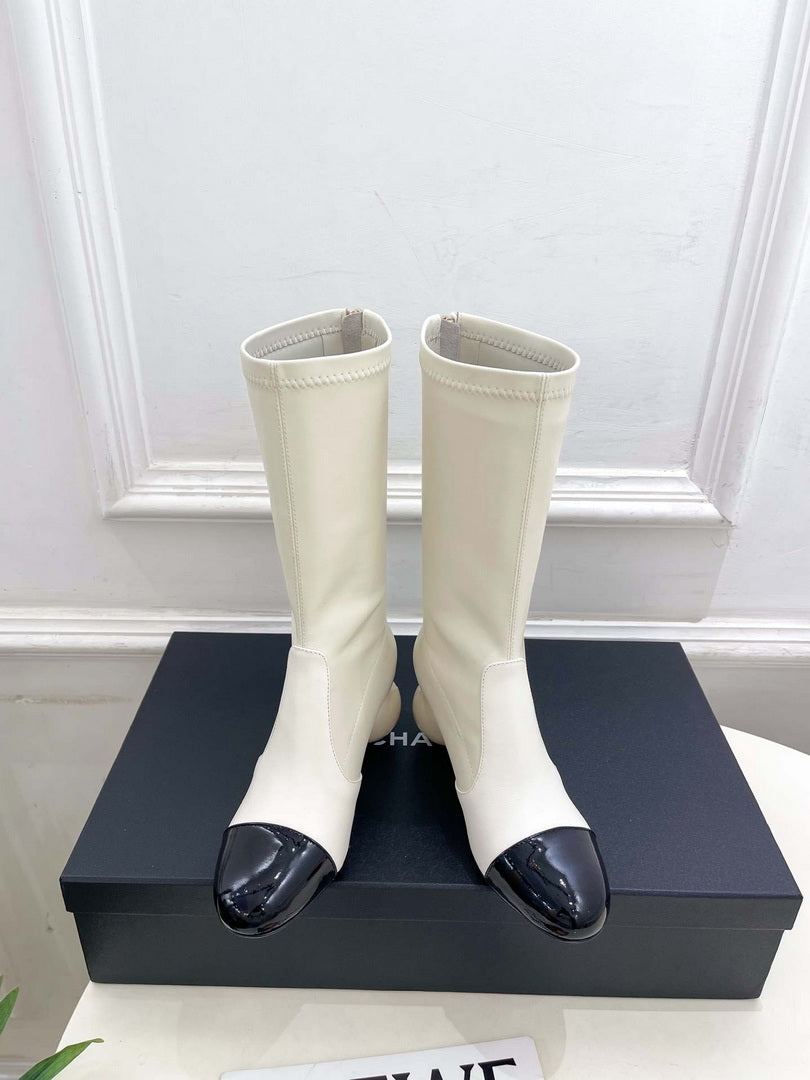 Chanel Jumbo Pearl Heel Stretch Boots Shoes C93688