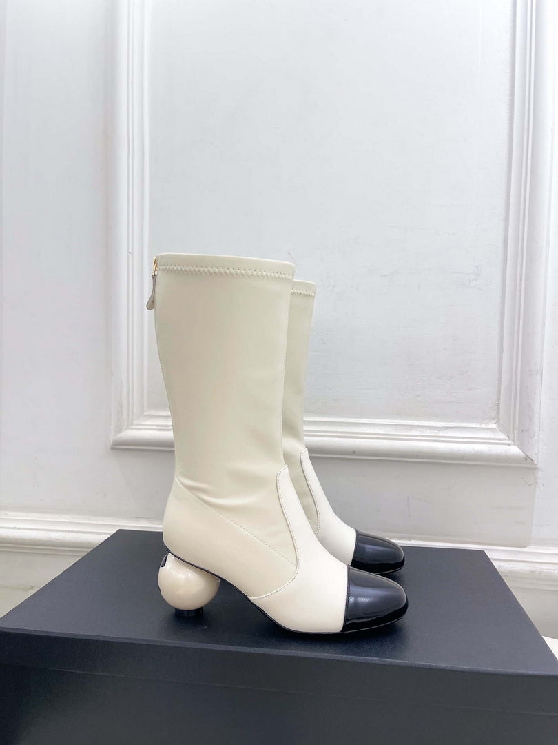 Chanel Jumbo Pearl Heel Stretch Boots Shoes C93688